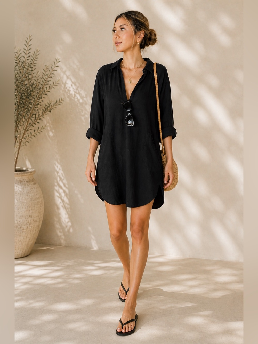 CP Shades Black Linen Mini Dress with Pockets – Relaxed Resort Style Size Small